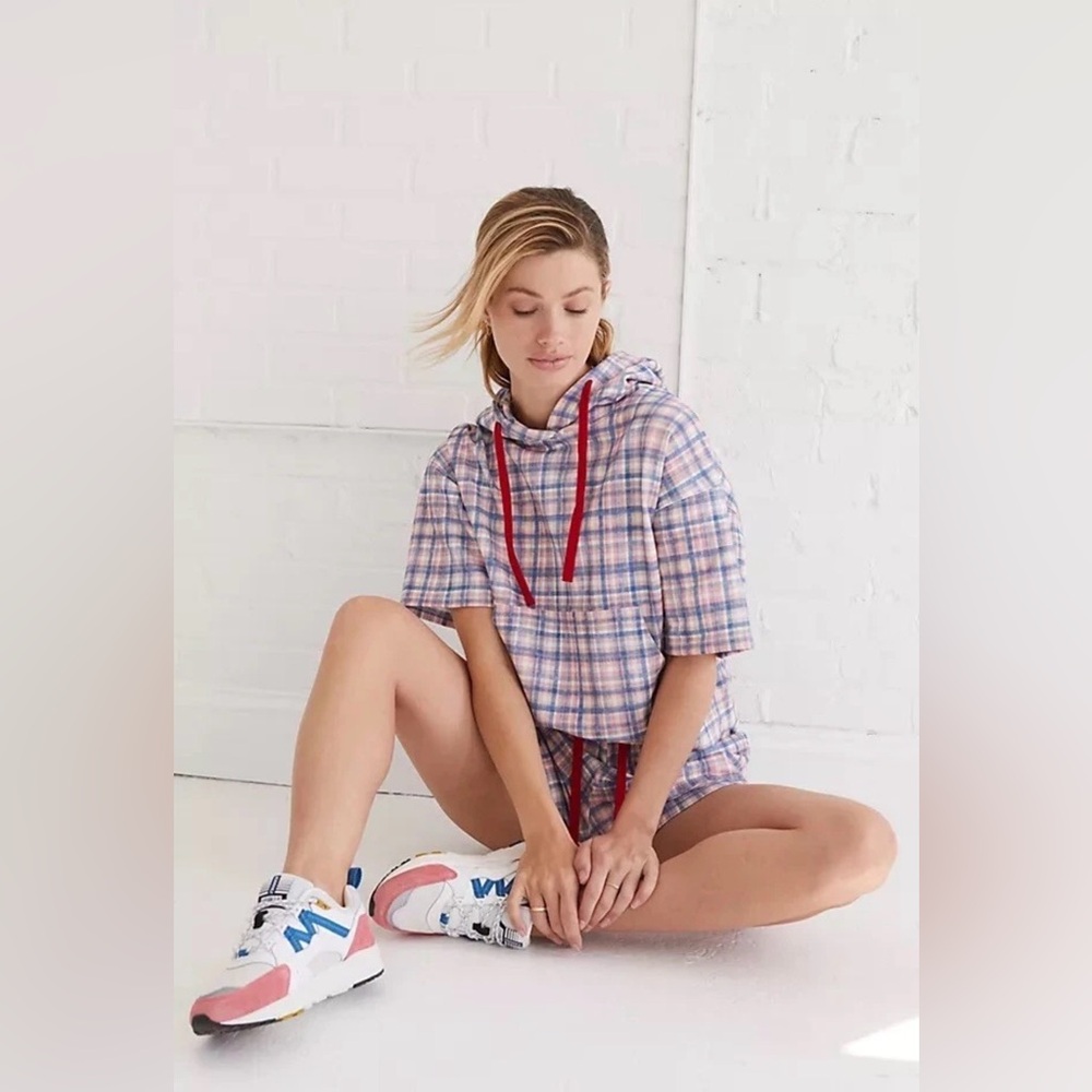 Anthropologie Pink and Blue Plaid Cropped Hoodie
